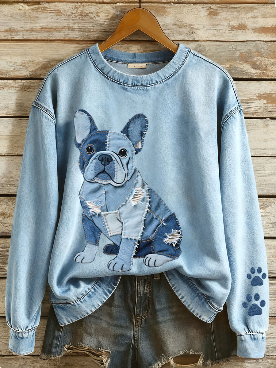 Women's sweatshirt with denim patchwork in French bulldog style