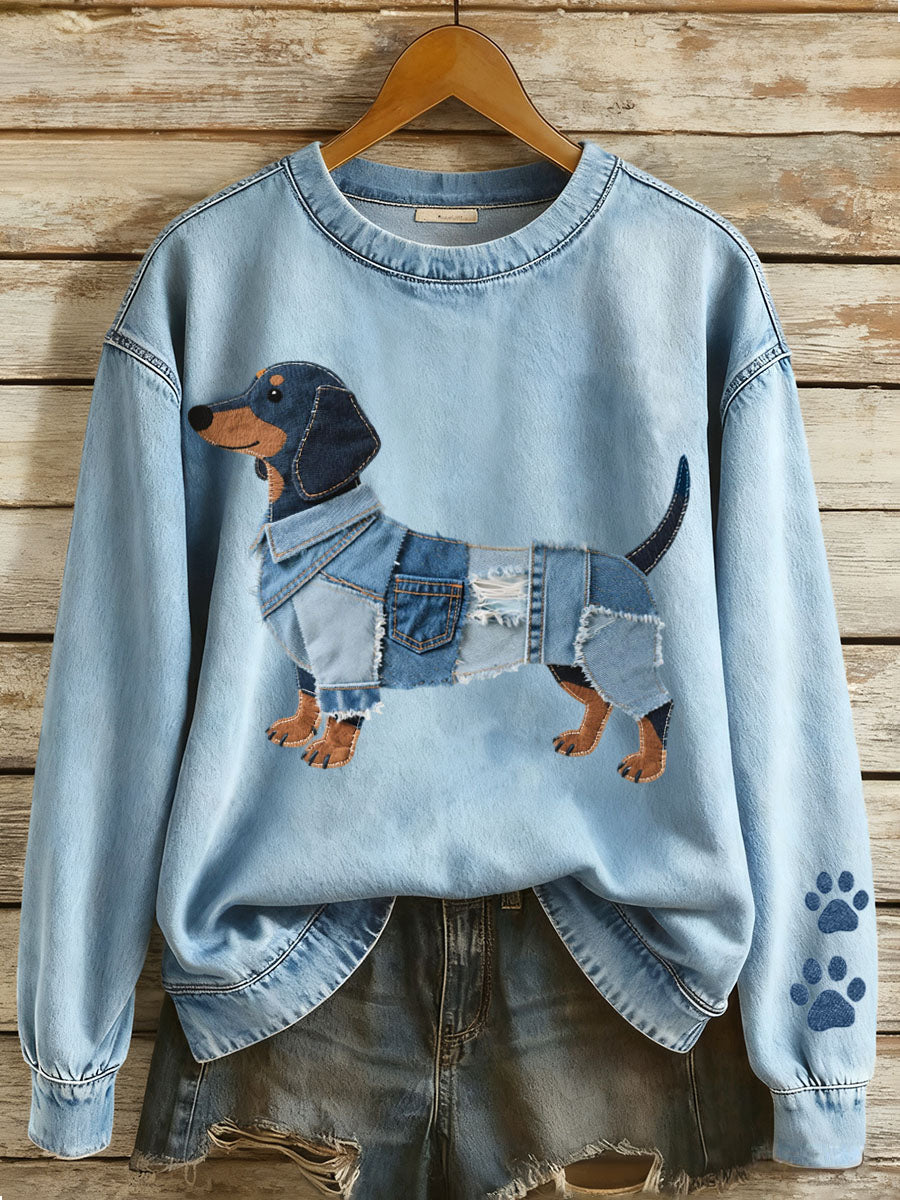 Ladies' sweatshirt with patchwork denim and dachshund motif