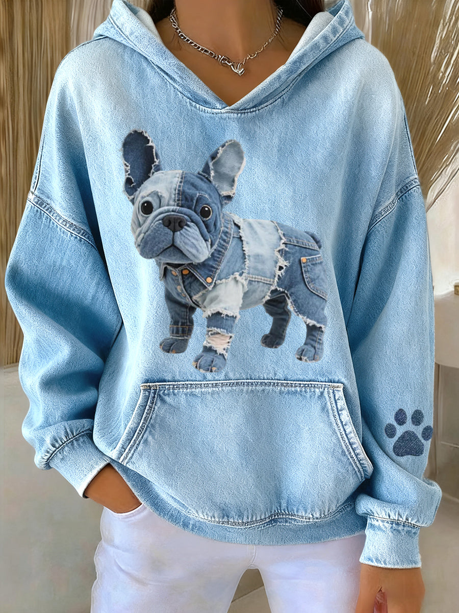Cute French Bulldog Hoodie with Denim Patchwork for Women