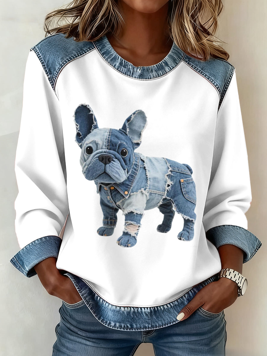 Women's sweatshirt with denim patchwork in French bulldog style
