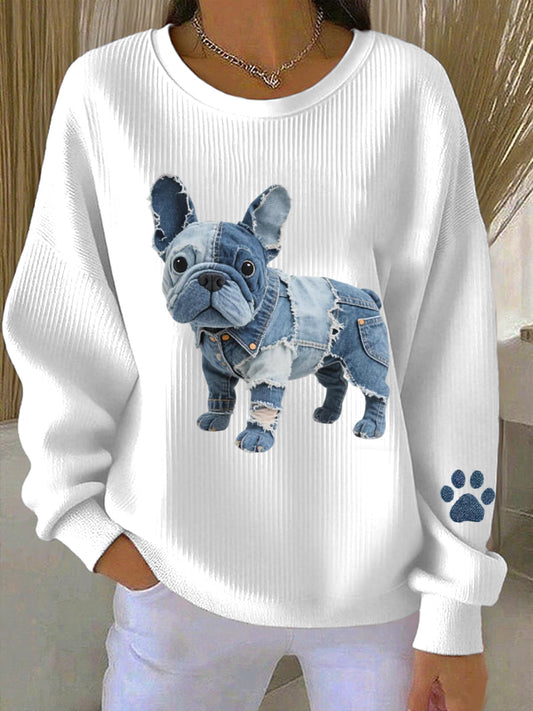 Ladies sweatshirt with denim patchwork in French bulldog style