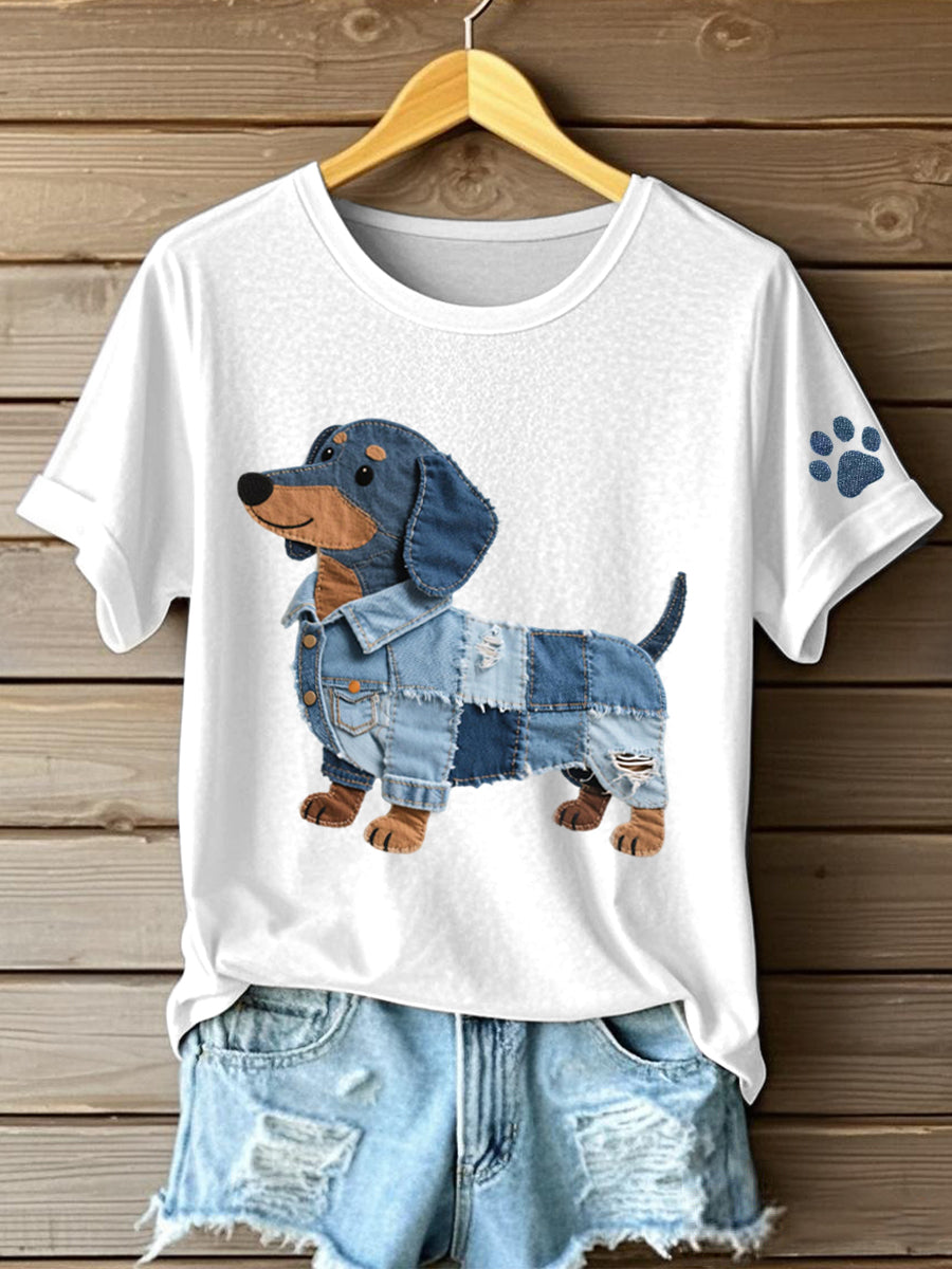 Ladies jeans patchwork art dachshund pattern T-shirt
