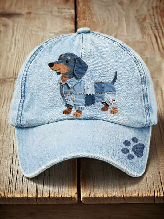 Unisex patchwork denim pet with dachshund
