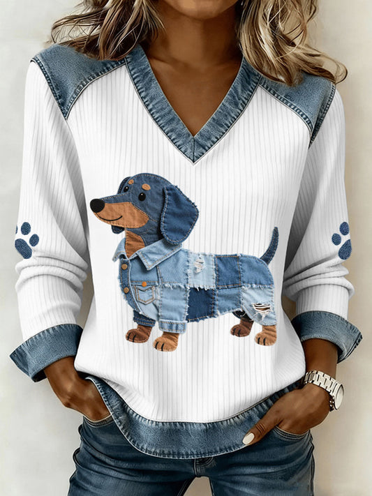 Charming ladies' dachshund with artistic denim patchwork and V-neck