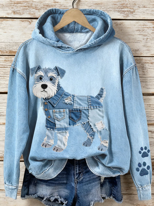 Women's Jeans Hoodie Patchwork Art Schnauzer with Dog Motif