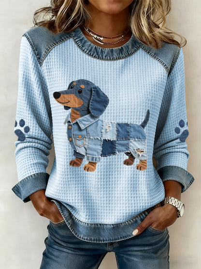 Ladies sweatshirt with patchwork pattern in a beautiful dachshund design