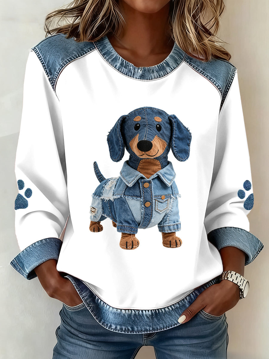 Cute ladies' hoodie with denim patchwork pattern for dachshunds