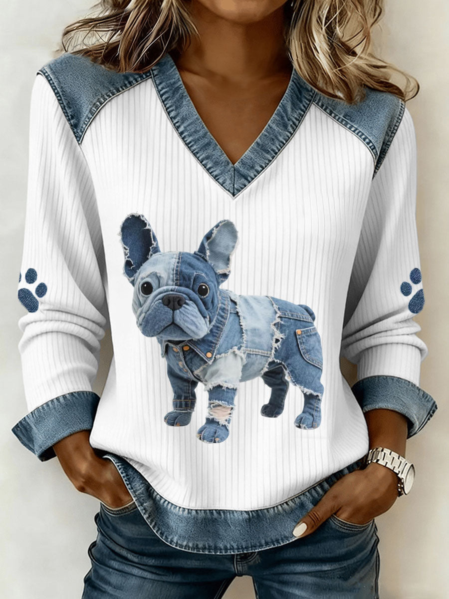Ladies French Bulldog Model Jeans Patchwork Artistic Top with V-Neck