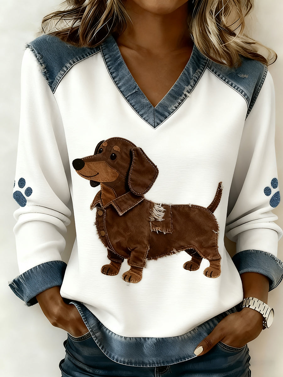 Retro women's top with V-neck Patchwork with animal print, comfortable loose-fit top