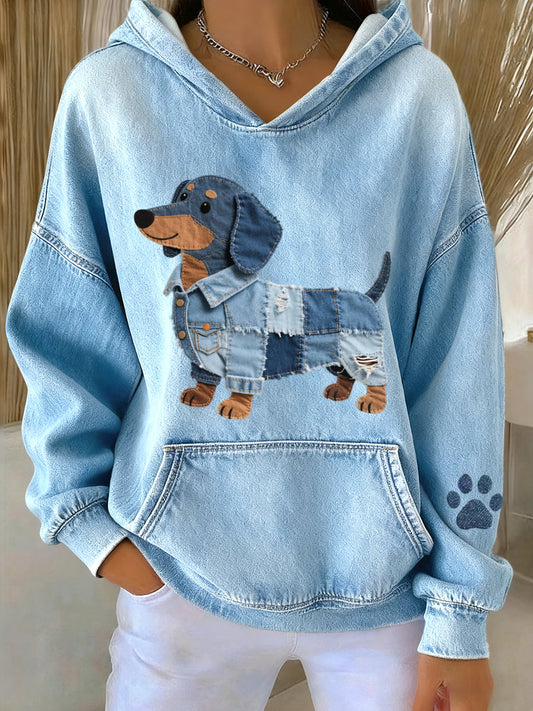 Cute denim ladies' hoodie with patchwork for dog Jamnik
