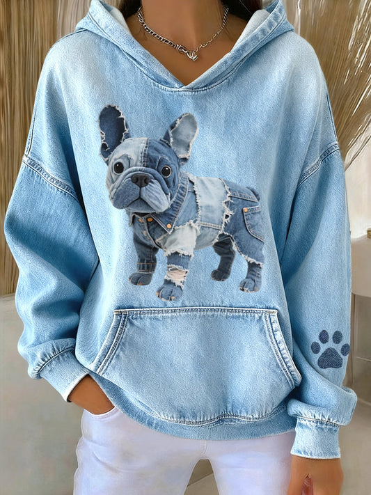 Cute French Bulldog Hoodie with Denim Patchwork for Women